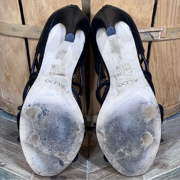 Aldo Peterbell Black Leather Gold Strappy Gladiator Open Toe Heels Womens 6.5 - Picture 12 of 14